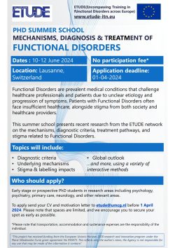 Invitation to participate in the ETUDE Summer School on Mechanisms, Diagnosis & Treatment of Functional Disorders